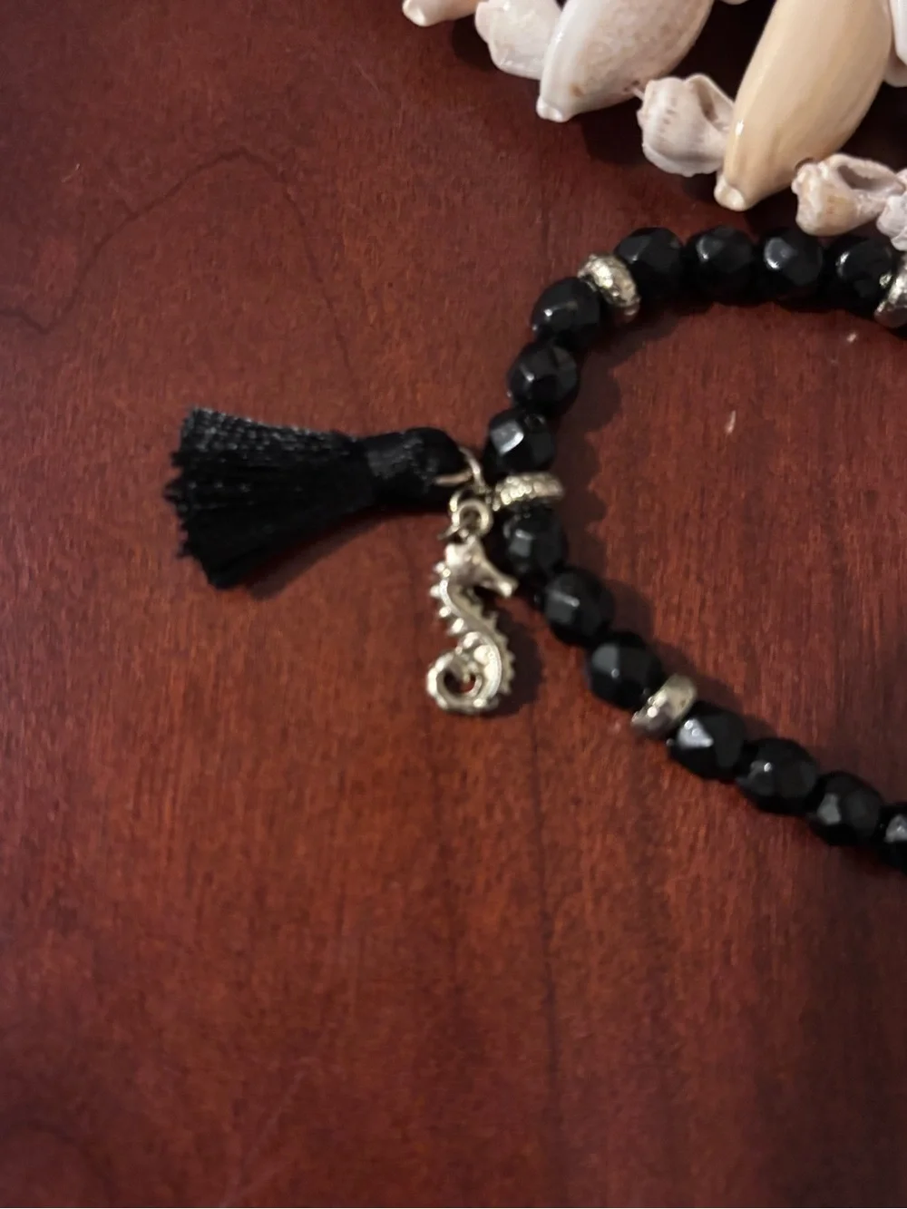 Black Beaded Starfish/Seahorse  Charm Bracelet with Tassel